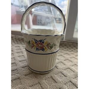 Hand Painted Portugal Ceramic Basket Floral Design